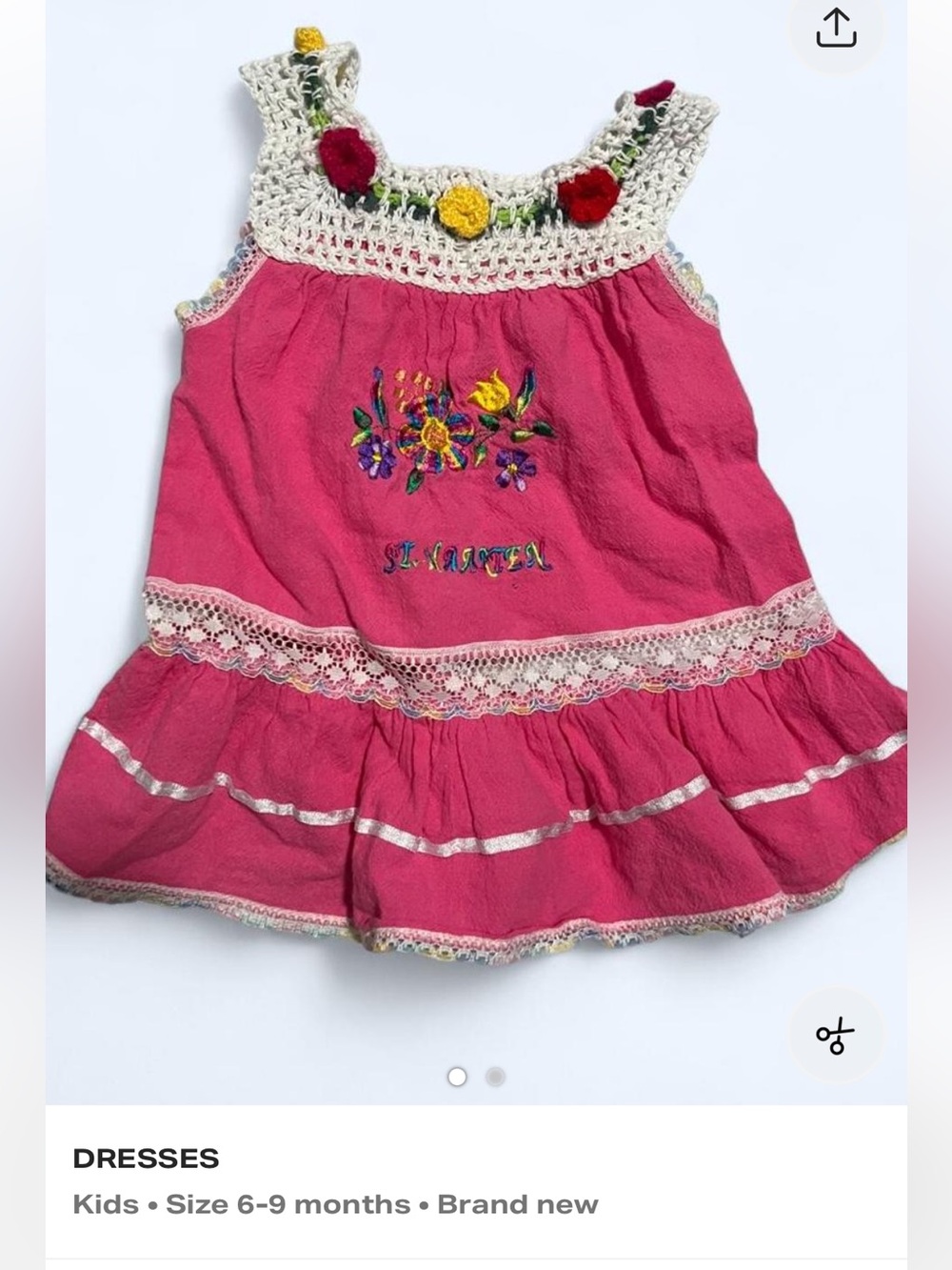 Handmade 6-9M baby girl dress Pink Floral Embroidered Crochet Sundress